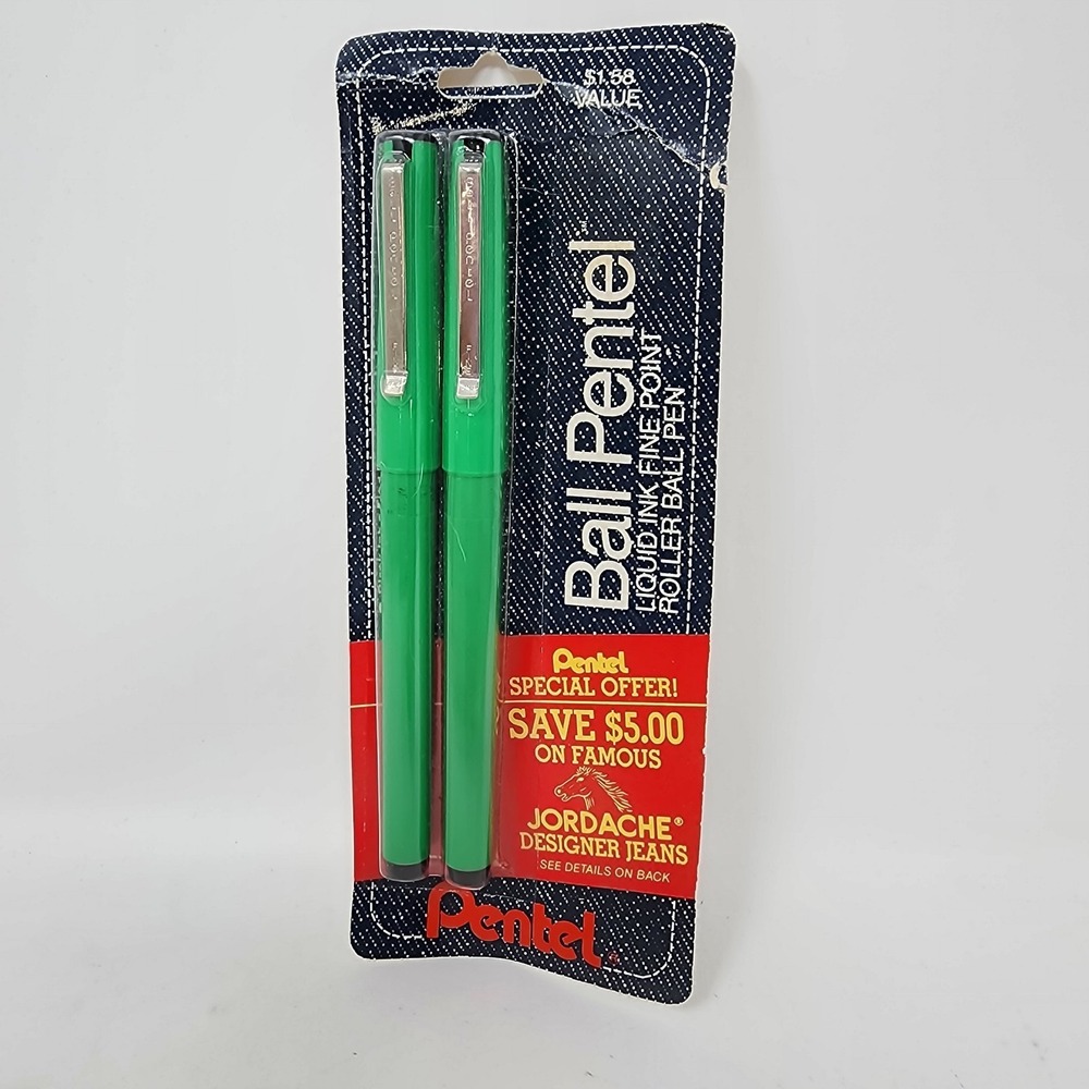 Vtg 80s 2 NOS PENTEL Black Ink‎ 0.8mm R68 JBP Ball Rolling Pen Jordache Collab
